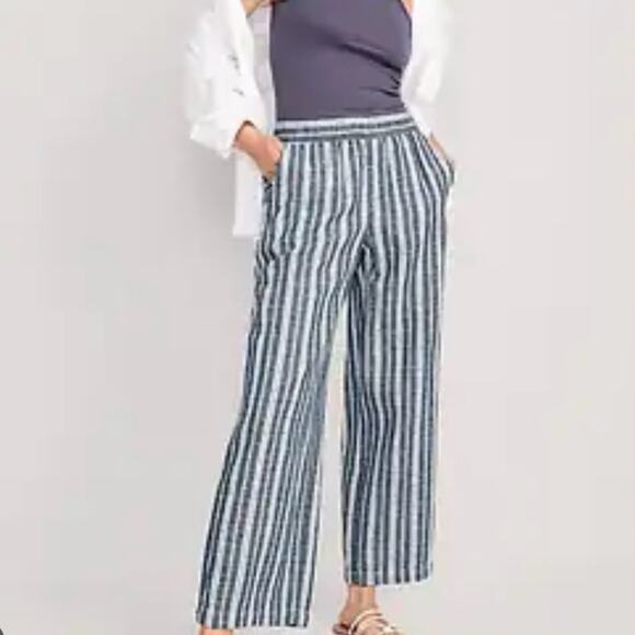 Old Navy High Waisted Linen Blend Wide Leg Pants Striped Blue White Size M - Picture 3 of 17